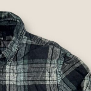 Express Mens Button Down Shirt Medium Gray Black Plaid Stretch Cotton Corduroy